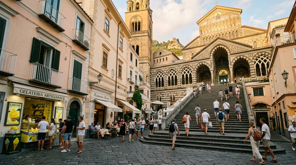 Sunlight washing over Piazza Duomo and the monumental staircase of Amalfi Cathedral on a one-day itinerary