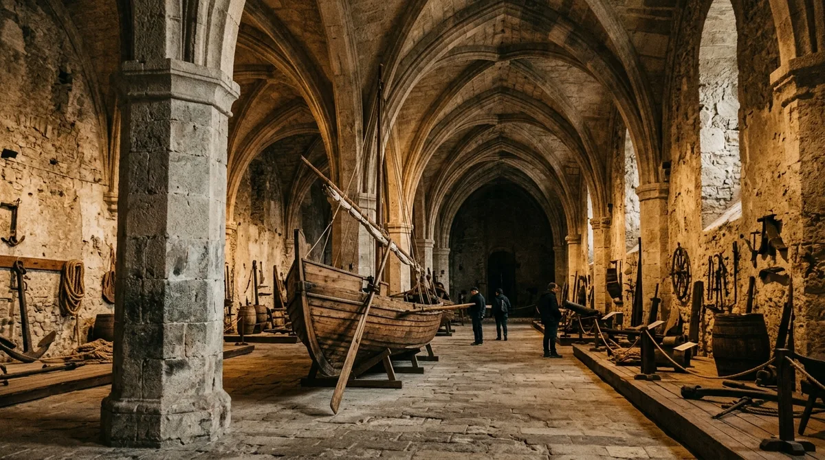 Interior of the ancient medieval stone Arsenal of the Maritime Republic in Amalfi with vaulted Gothic stone arches