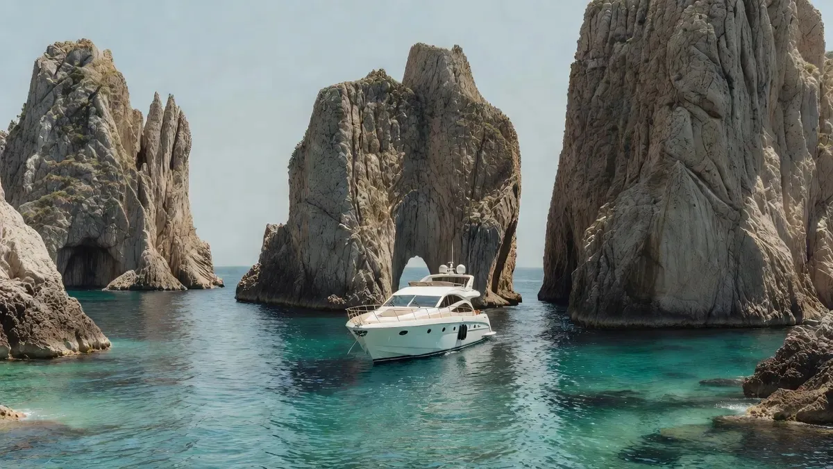 Faraglioni limestone sea stacks rising out of the water off the island of Capri