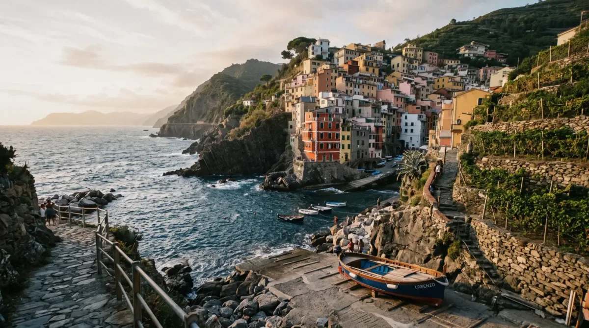 Scenic colorful cliffside Italian coastal village clinging to vertical cliffs above deep turquoise sea
