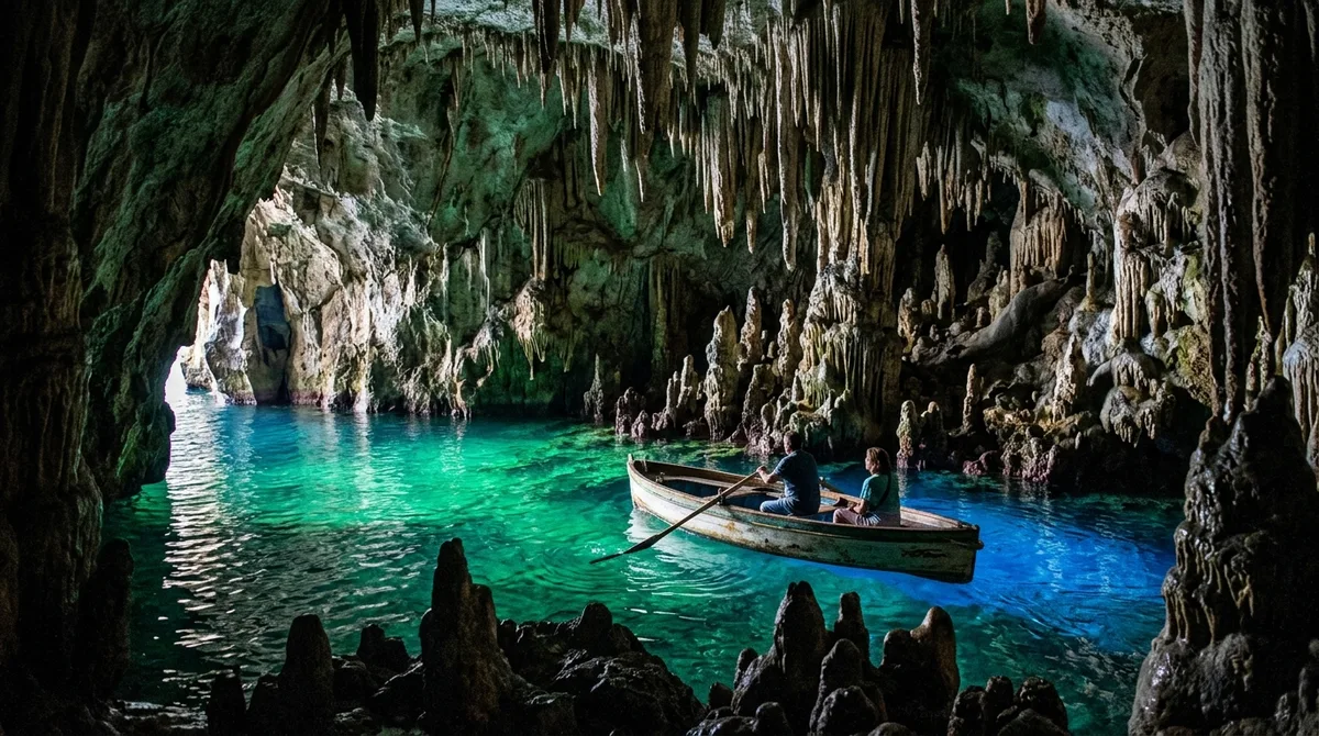 Glowing luminescent emerald green and cobalt blue water inside Grotta dello Smeraldo with traditional wooden boat