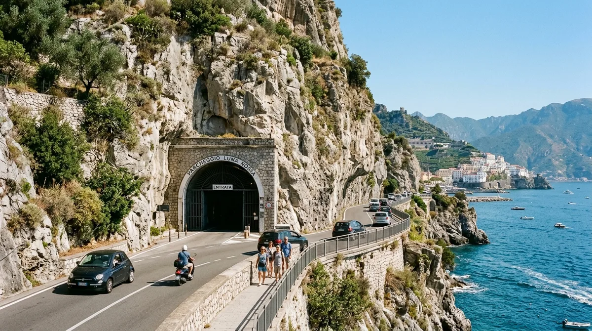 Entrance to the historic Luna Rossa parking garage carved directly into the limestone rock cliff along the Amalfi coastal road