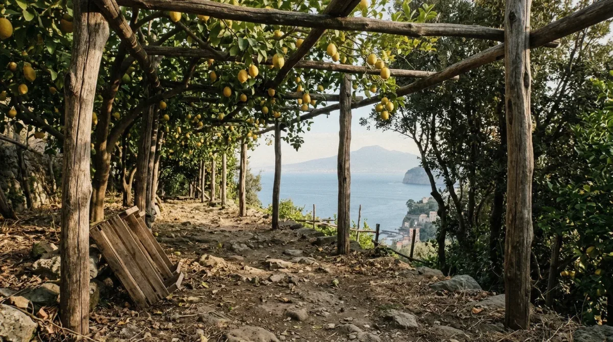 Panoramic cliffside view of Sorrento clifftops overlooking Marina Piccola harbor and the Bay of Naples with Mount Vesuvius in background