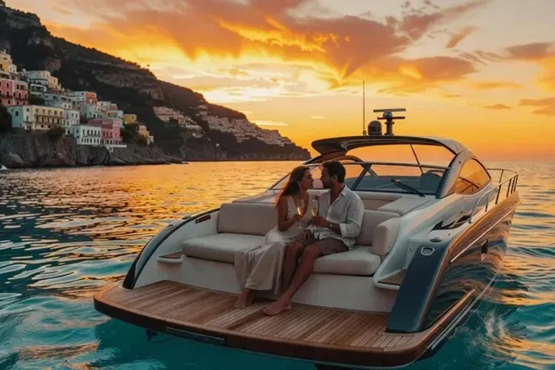 Sleek luxury speedboat cruising gracefully past the dramatic towering limestone sea arches of Capri