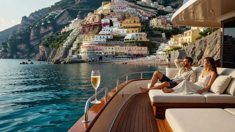 Traditional wooden boat cruising past the dramatic sheer cliffs of Furore Fjord on the Amalfi Coast