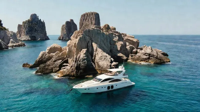 Day cruise boat gliding between the colossal limestone Faraglioni sea stacks off Capri